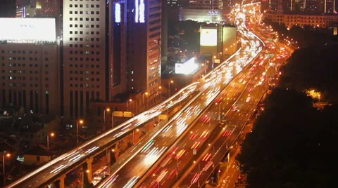 Timelapse of busy traffic over overpass in modern city , Shanghai, China Stock Footage 39770293
