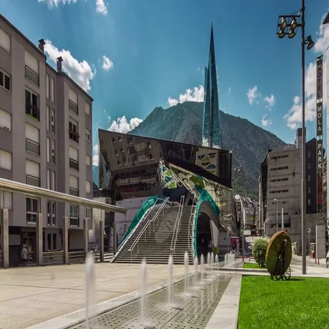 Timelapse of Caldea thermal spa center in Andorra La Vella, Andorra. 스톡 동영상 69536844