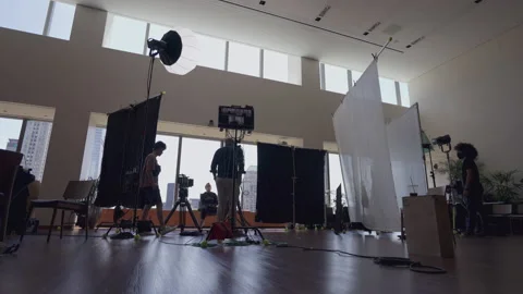 Timelapse of camera crew setting up for interview Stock Footage 224214295