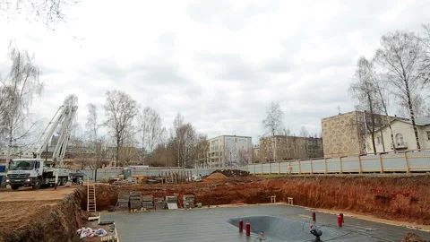 Timelapse car concrete pump to prepare for work on pouring the Foundation Stock Footage 107856156