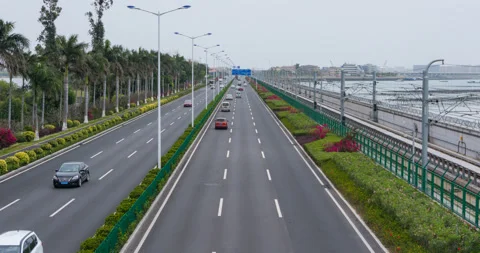 Timelapse, Car Traffic And Running Subway At Seaside Stock Footage 88712698