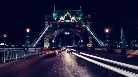 Timelapse of car traffic at night on Tower Bridge London Stock Footage 82723341