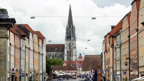 Timelapse of the Cathedral of St. Peter seen from the Stadtamhof in Regensburg Stock Footage 115945236