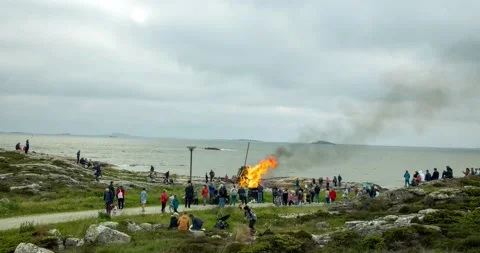 Timelapse Celebrating with a bonfire on midsummer night Stock Footage 200219545