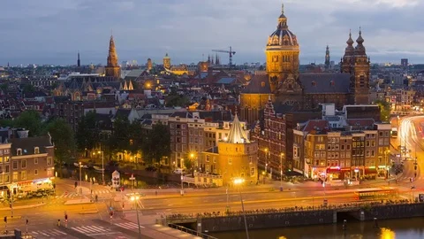 Timelapse of the center of Amsterdam at sunset time Stock Footage 74379136