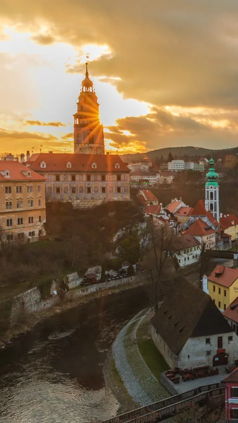 Timelapse of Cesky Krumlov, Czech Republic, during sunrise. Stock Footage 293155295