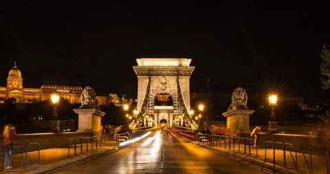 Timelapse of Chain Bridge traffic at night with Buda Castle in view Stock Footage 105508832