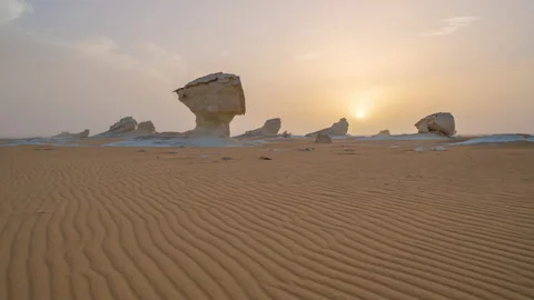 Timelapse of chalk rocks in the White Desert at sunset. Egypt, Baharia Stock Footage 202168725