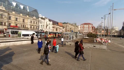 Timelapse Of  City With The Bus Stop, Where Expect The Transport People. Stock Footage 87629166