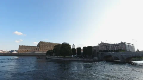 Timelapse of cityscape and big river in Sweden city. Beautiful day with blue  스톡 동영상 177974564