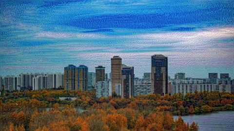 Timelapse of a cityscape in generated by a neural network. Autumn forest Stock Footage 164542253