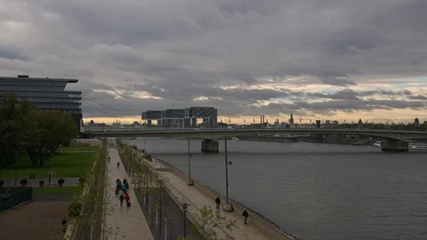 Timelapse of cityscape, river rhine, Deutzer Promenade and clouds at Cologne Stock Footage 81327014