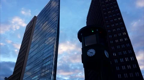 Timelapse: Clock, Bahntower and Kollhoff Tower at Potsdamer Platz 스톡 동영상 46257631