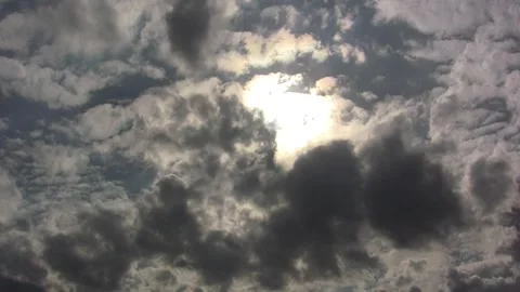Timelapse cloud layers move dif directions, bright sunburst near center Stock Footage 267097515