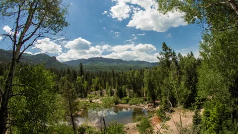 Timelapse of cloud movement over a lake in a valley Video stock 154944701