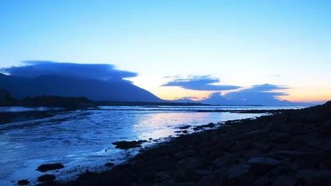 Timelapse Of Cloud Rolling Over Mountains By River During Sunset Stock Footage 71298865