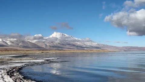 Timelapse of Clouds Above a Serene Plateau Lake and Snow Mountains, Tibet, China Stock Footage 337858560