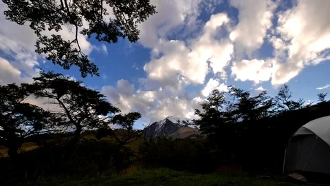 Timelapse of clouds and mountain peak at camping central Torres del paine, Chile Stock Footage 74940556