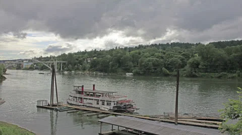 Timelapse of Clouds and Water with Oregon City Bridge over Willamette River Stock Footage 24223231