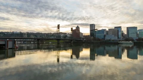 Timelapse of Clouds and Water Reflection with Cityscape in Portland OR at Sunset Stock Footage 60830006