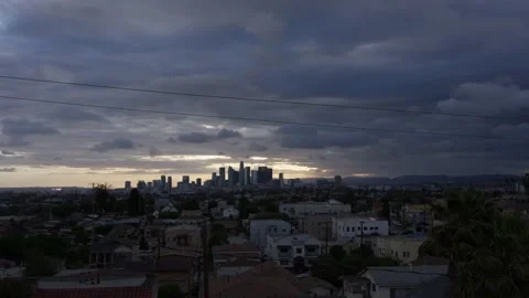 Timelapse Clouds Billow Past Downtown Los Angeles with Sunset Stock Footage 153102507