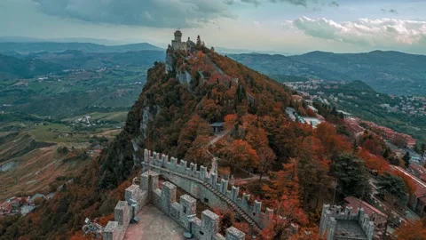 Timelapse of Clouds Blowing Across the Cesta Tower, San Marino, 4K Stock Footage 219890286