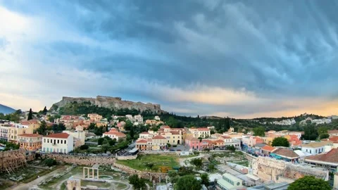 Timelapse with clouds during sunset of the Acropolis in Athens Greece Stock Footage 261062171