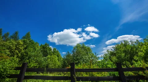 Timelapse of clouds flying over trees and wooden fence Stock Footage 64646386