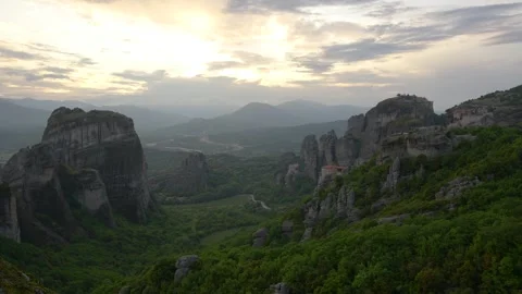 Timelapse Clouds Holy Monastery of Rousanou Meteora Greece at Sunset. From .. Stock Footage 334871061