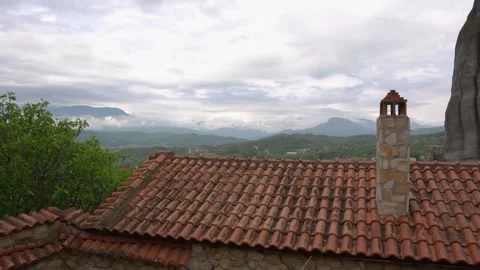Timelapse Clouds in Meteora, Greece Kastraki Kalambaka Small Town Terracott.. Stock Footage 334871079