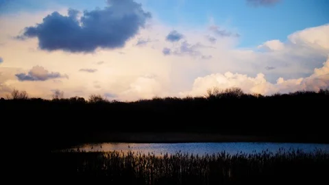 Timelapse of clouds moving above a lake. Video stock 86826537