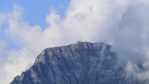 Timelapse of  clouds moving fast on top of a mountain in the alps Stock-Footage 124268108