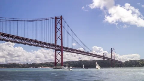 Timelapse of the clouds over 25th of April Bridge in Lisbon. Portugal 스톡 동영상 79813643