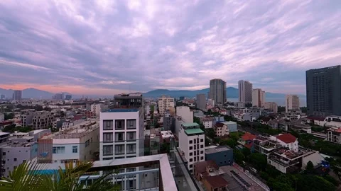 Timelapse of Clouds Over Da Nang City Skyline and Mountains at Dusk, Vietnam Stock Footage 340299050