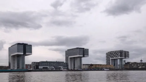 Timelapse of clouds over Kranhaeuser modern architecture buildings Cologne Stock Footage 85142972