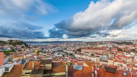 Timelapse of clouds over Lisbon cityscape and 25th of April Bridge. Portugal Stockbeeldmateriaal 78518776