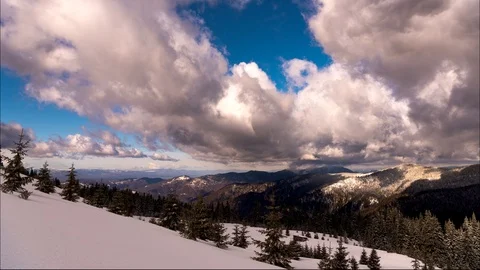 Timelapse clouds over the spruce trees on the background of high mountains. Stock Footage 119567588