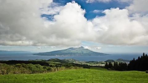 Timelapse of clouds passing over Mount Pico from Faial island, Azores, Portugal. Stock Footage 64071523