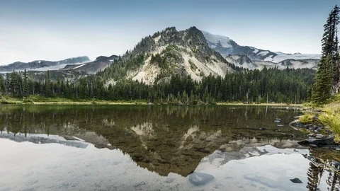 Timelapse of clouds passing over mountain with reflection in lake	 Stock Footage 99269530