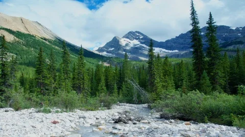 Timelapse of clouds passing over mountains and lake in the wilderness of Banff N Stock Footage 99270636