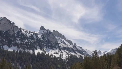 Timelapse clouds passing snowy mountain peaks. View on Furgglenfirst. Video stock 152509285