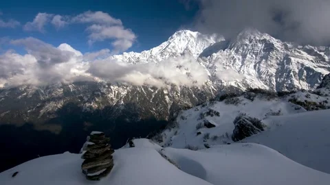 Timelapse of clouds rolling over the Annapurna south view. Shot from Mardi Stock Footage 261809610