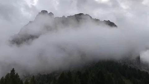 Timelapse of clouds rolling over fir trees and mountains, the Dolomites, Italy. Stock Footage 115543799
