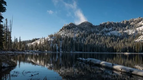 Timelapse of clouds rolling over a mountain lake on a blue sky winter day Vídeo Stock 123388694