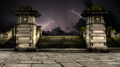 Timelapse clouds with thunder and lightning over old graveyard steps with audio Stock Footage 33827427