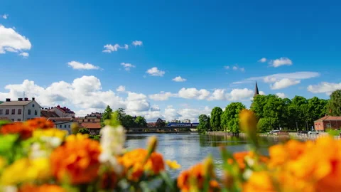 Timelapse cloudy blue sky on sunny day outdoor in summer with river Stock Footage 171691229