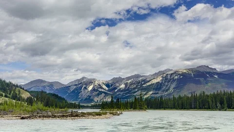 Timelapse of Colin Range Mountains and Athabasca River, Jasper Nati Park, Canada Stock Footage 125286341