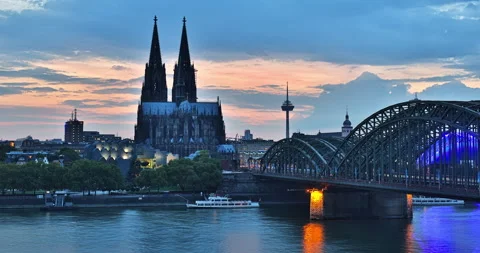 Timelapse of Cologne central cathedral with clouds passing by at river rhine Stock Footage 151868150