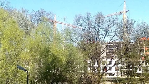 Timelapse construction. Construction with a two building tower cranes Stock Footage 88696067