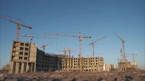 Timelapse construction cranes on the construction of new houses Stock Footage 196263121